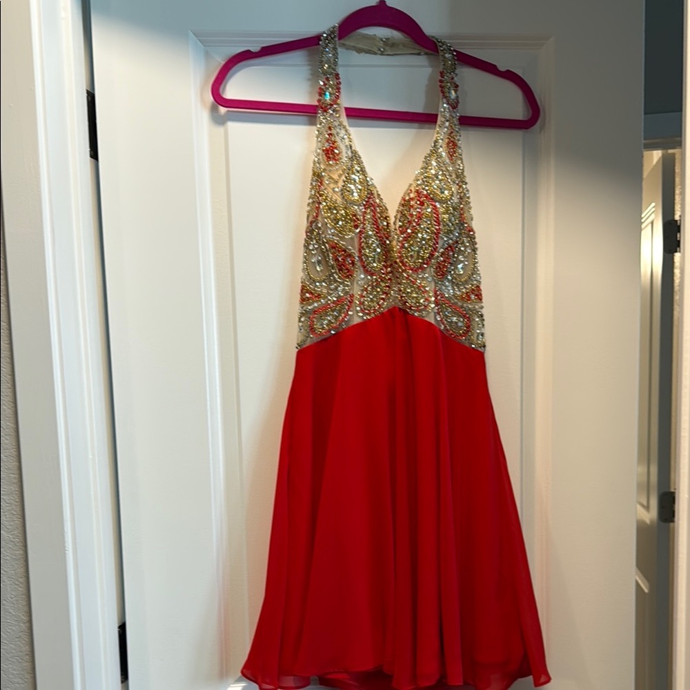 Michelle K Red Halter Dress with Embellishments